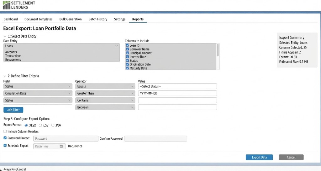 Excel export interface