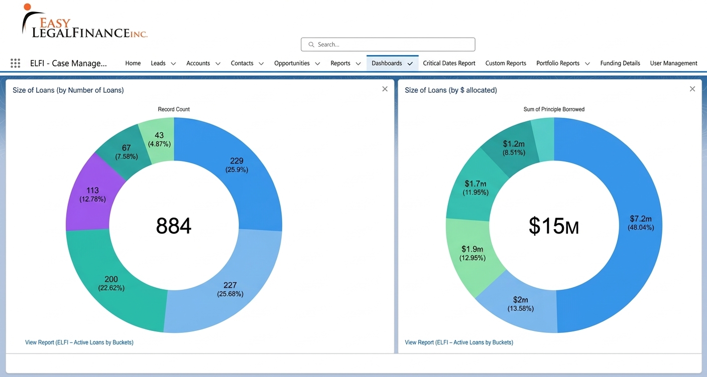 Easy Legal Finance loan size dashboards